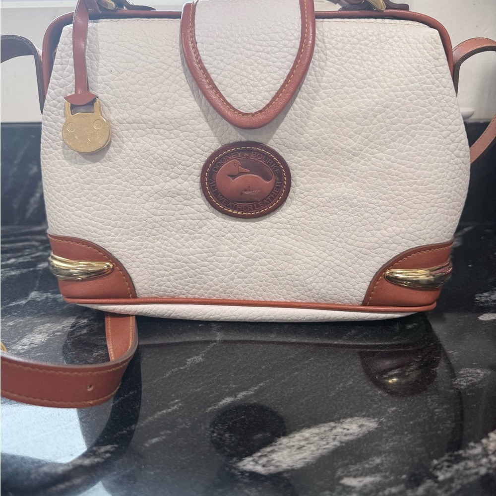 Dooney & Bourke Cream Pebble Leather Satchel with Brown Trim